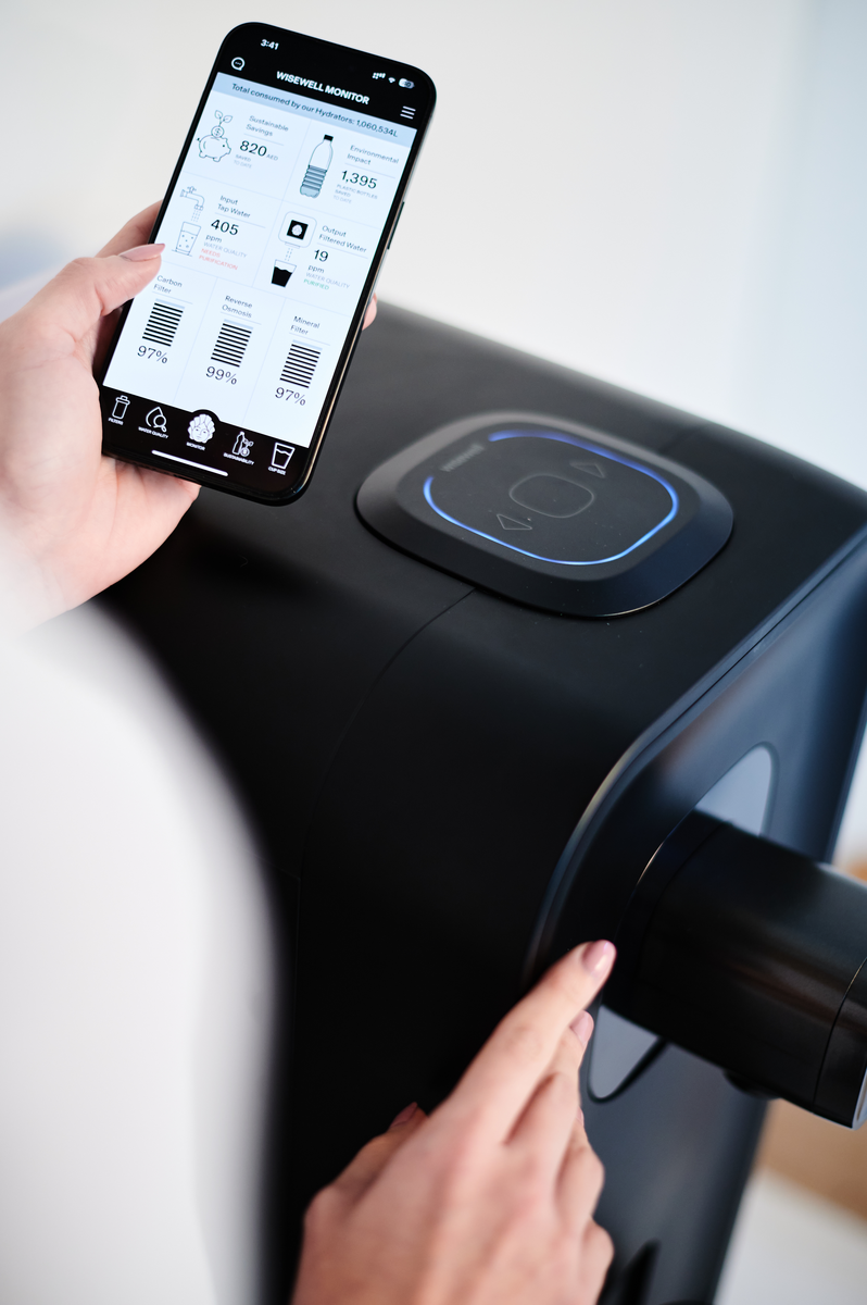 Wisewell app interface showing water monitoring dashboard