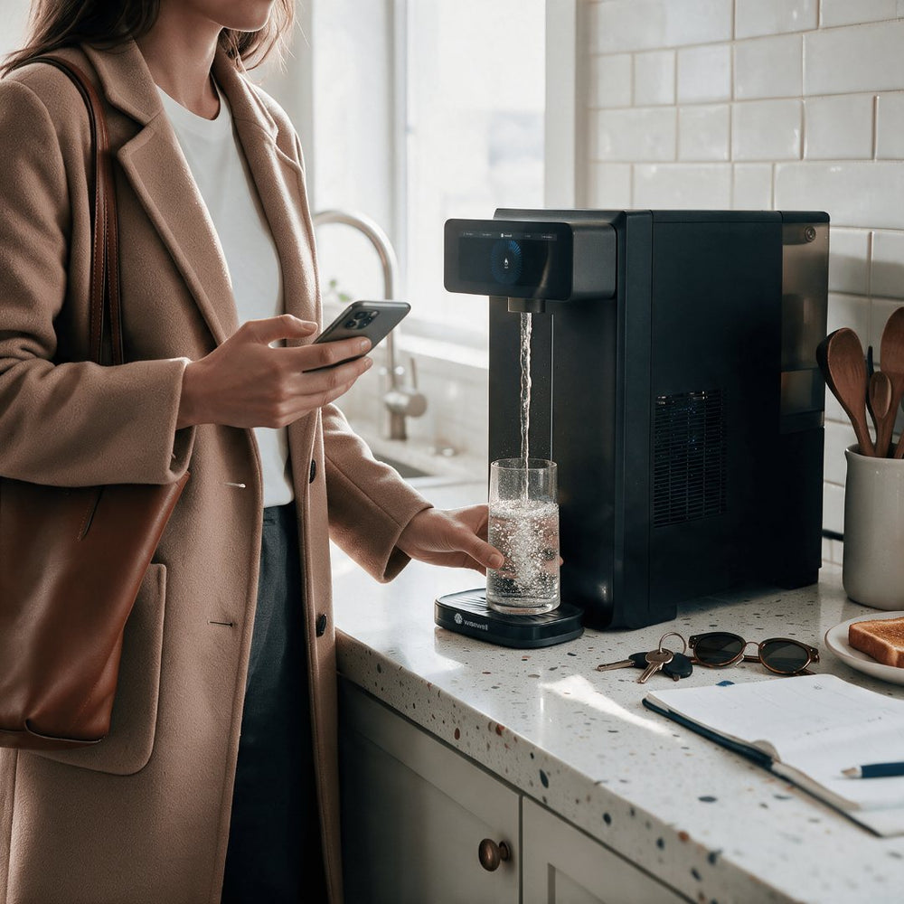 Woman in a coat checking her phone as a black Sparkle fills her glass